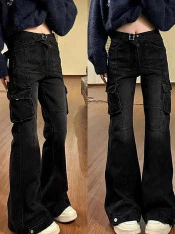 High Street Office Lady Черни кльощави дънки Слим камбанка Gyaru Модни дънкови панталони с множество джобове Американски ретро от 2000-те