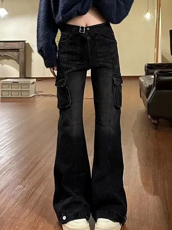 High Street Office Lady Черни кльощави дънки Слим камбанка Gyaru Модни дънкови панталони с множество джобове Американски ретро от 2000-те