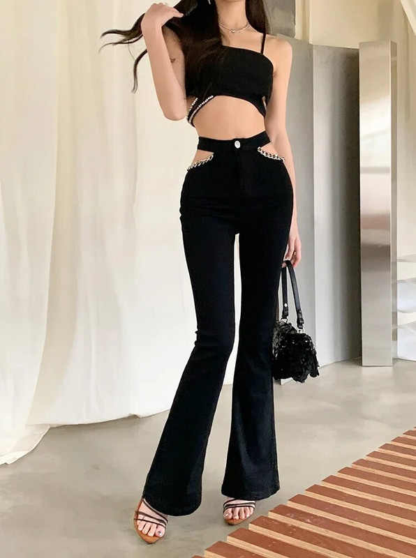 Kelnės moterims Vasaros, plonos, vienspalvės, seksualios iškirptės, korėjietiškos mados laisvalaikio džinsai