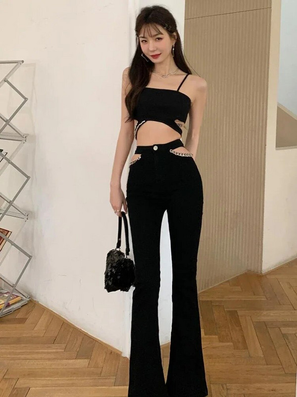 Kelnės moterims Vasaros, plonos, vienspalvės, seksualios iškirptės, korėjietiškos mados laisvalaikio džinsai