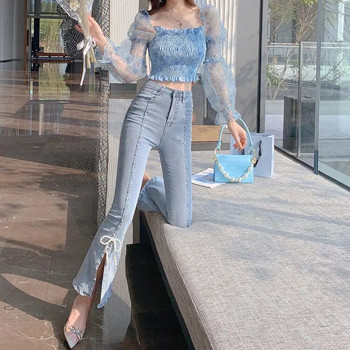 Ψηλόμεσο τζιν Γυναικείο Xia Xianshou 2021 Νέα Κορεάτικη Μόδα Xiangao Ευέλικτο παντελόνι βαριάς βιομηχανίας με διάσπαση καρφίτσα με χάντρες