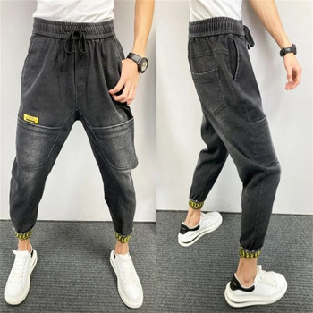 Модни мъжки карго панталони Хип-хоп улични дънкови панталони за джогинг Мъжки ежедневни панталони с ластик на талията Мъжки широки панталони Harem Jean