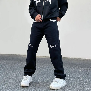 Нов Y2K американски печатен модел, плътни черни и бели дънки, прави хип-хоп широки панталони, висококачествени мъжки дънки