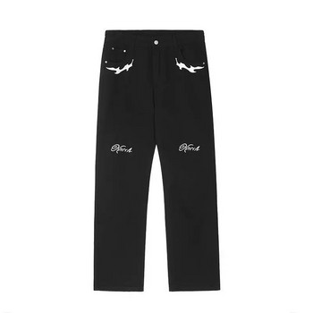 Нов Y2K американски печатен модел, плътни черни и бели дънки, прави хип-хоп широки панталони, висококачествени мъжки дънки