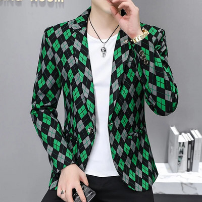 Φθινόπωρο 2022 Νέο Πράσινο δικτυωτό κοστούμι casual παλτό ανδρικής μόδας Επιχειρηματικό κοστούμι φόρεμα με λεπτή εφαρμογή Επίσημο σμόκιν μπλέιζερ για κοινωνικό πάρτι Homme