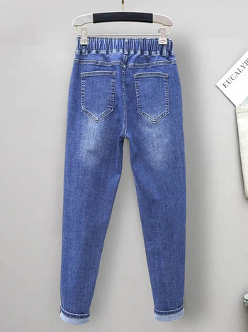 Дамски овърсайз 6xl Harem Jeans Корейски ретро широки широки еластични високи талии Vaqueros Пролет Есен Ежедневни свободни прави дънкови панталони