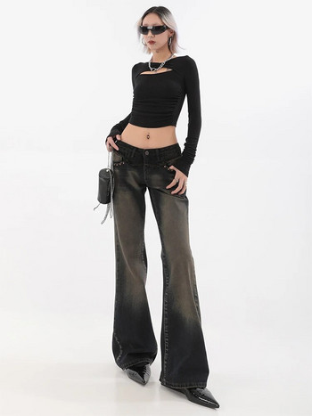 Дамски готически черни кльощави дънки, широки дънкови панталони с ниска талия, свободни корейски Y2k улично облекло, женски ретро панталони с широки крачоли, дрехи