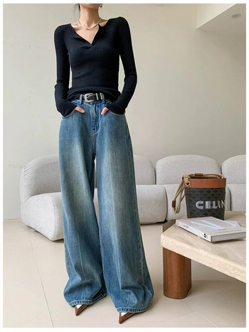 Дамски ретро широки микро разкроени панталони с висока талия Ежедневни дънки Винтидж американски уличен женски прав дънков панталон
