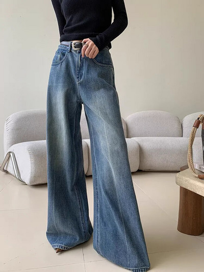 Pantaloni largi de damă, retro, cu talie înaltă, micro evazați, blugi casual, vintage americani de stradă, pantaloni drepți din denim pentru femei