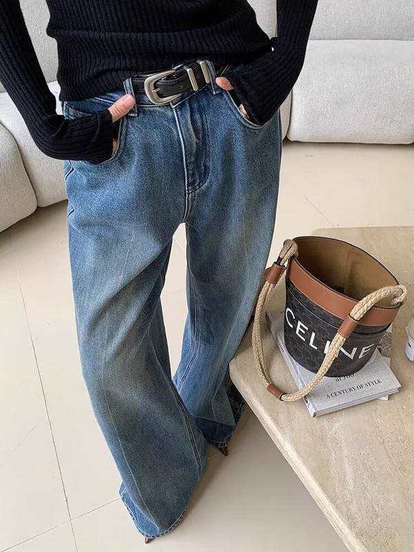 Pantaloni largi de damă, retro, cu talie înaltă, micro evazați, blugi casual, vintage americani de stradă, pantaloni drepți din denim pentru femei