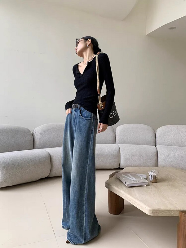 Pantaloni largi de damă, retro, cu talie înaltă, micro evazați, blugi casual, vintage americani de stradă, pantaloni drepți din denim pentru femei