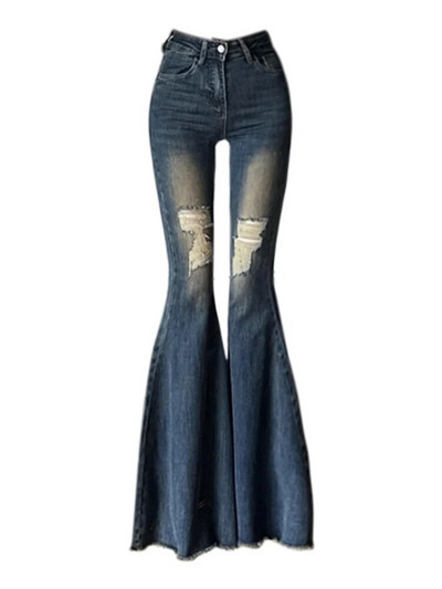 Korejske modne ženske poderane traper hlače Vintage flare jeans Harajuku Y2k Japanske ulične grunge hlače Kpop Grunge 2000-ih