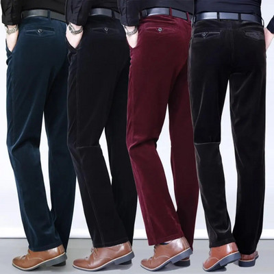 Men`s Thick Corduroy Casual Pants High Waist Button Zipper Fly Pockets Fashion Men Pants Winter Fleece Warm Corduroy Suit Pants