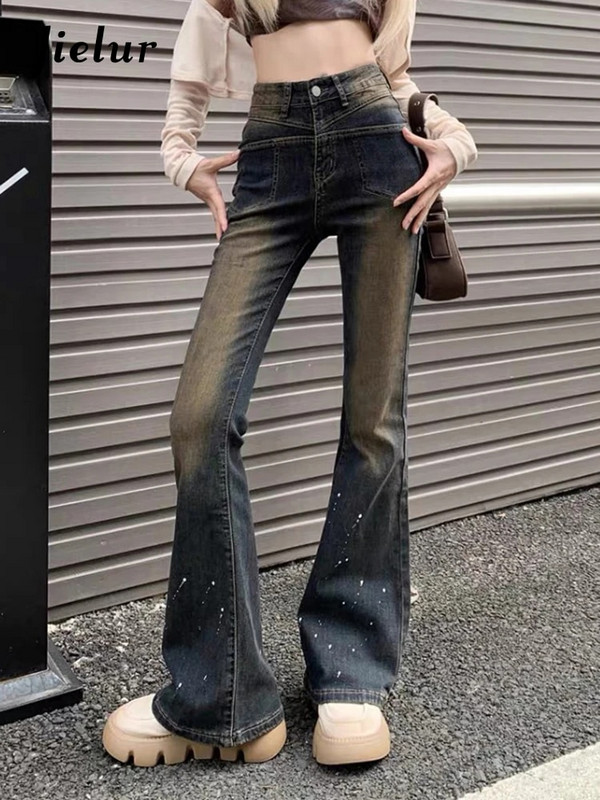 Jielur Dots Blugi de damă, ocazional, albastru, de culoare solidă, subțiri, cu talie înaltă, pantaloni evazați pentru femei, îmbrăcăminte de stradă la modă șic