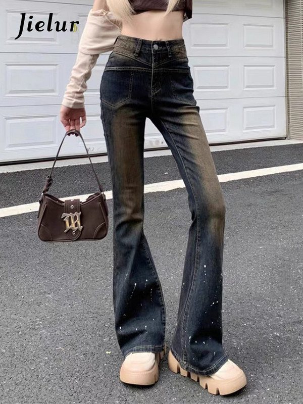 Jielur Dots Blugi de damă, ocazional, albastru, de culoare solidă, subțiri, cu talie înaltă, pantaloni evazați pentru femei, îmbrăcăminte de stradă la modă șic