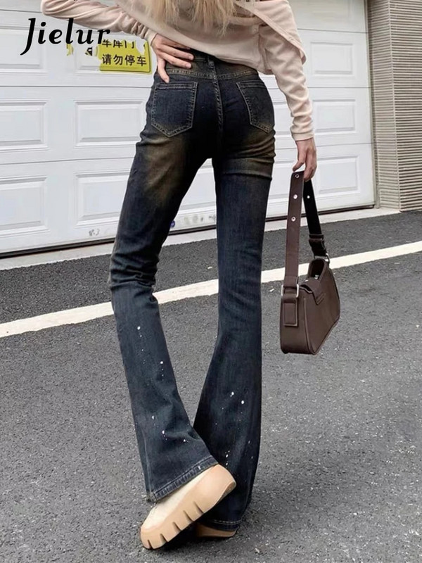 Jielur Dots Blugi de damă, ocazional, albastru, de culoare solidă, subțiri, cu talie înaltă, pantaloni evazați pentru femei, îmbrăcăminte de stradă la modă șic