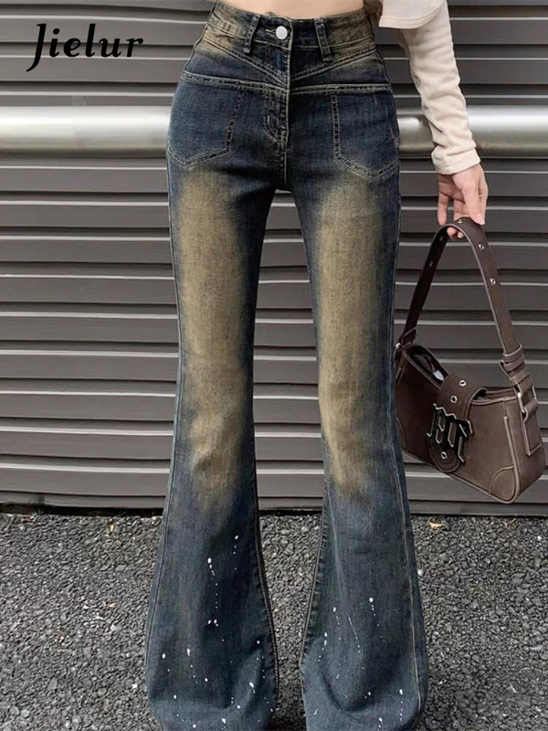 Jielur Dots Blugi de damă, ocazional, albastru, de culoare solidă, subțiri, cu talie înaltă, pantaloni evazați pentru femei, îmbrăcăminte de stradă la modă șic