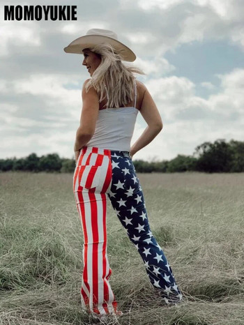 2023 Νέα Άνοιξη Φθινόπωρο Γυναικεία Τζιν Αστικής Μόδας Αμερικανική σημαία για την Ημέρα της Ανεξαρτησίας Print Flared Jeans Casual παντελόνι High Street
