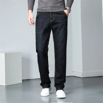 Stil clasic pentru bărbați cu greutate medie, blugi de afaceri stretch, cu croiala obișnuită, pantaloni albaștri de toamnă, pantaloni de marca masculină