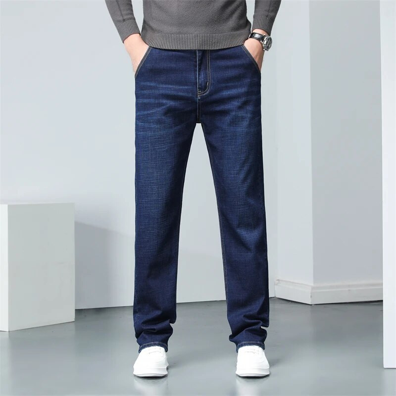 Klasični stil srednje težine, muške poslovne rastezljive traperice regularnog kroja, jesenske plave traper hlače, muške brendirane hlače