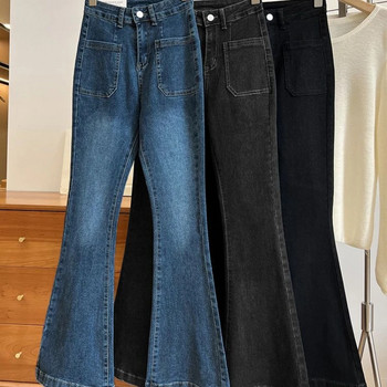 Панталони с висока талия Свободни изпрани дънки с джобове Тънък деним с изпъкнали класически дамски винтидж еластични прави панталони Универсални