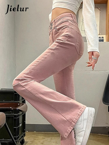 Jielur Розови тънки секси дънки с висока талия Модни едноцветни двойни копчета Шик женски кльощави панталони Едноцветни прости дамски дънки