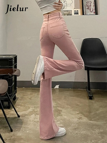 Jielur Розови тънки секси дънки с висока талия Модни едноцветни двойни копчета Шик женски кльощави панталони Едноцветни прости дамски дънки