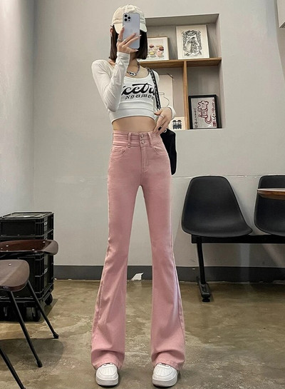 Jielur ružičaste uske seksi traperice visokog struka, modne jednobojne dvostruke dugmad, šik ženske široke hlače jednobojne jednostavne ženske traperice