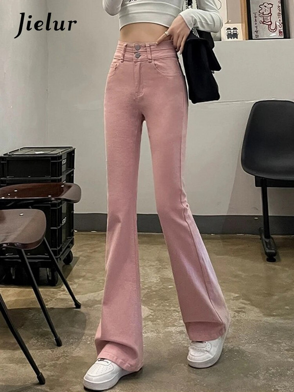 Jielur ružičaste uske seksi traperice visokog struka, modne jednobojne dvostruke dugmad, šik ženske široke hlače jednobojne jednostavne ženske traperice