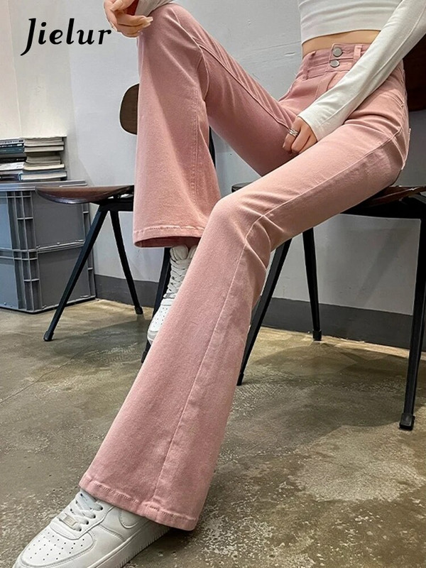 Jielur ružičaste uske seksi traperice visokog struka, modne jednobojne dvostruke dugmad, šik ženske široke hlače jednobojne jednostavne ženske traperice