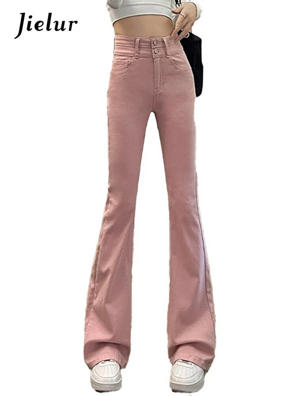 Jielur ružičaste uske seksi traperice visokog struka, modne jednobojne dvostruke dugmad, šik ženske široke hlače jednobojne jednostavne ženske traperice