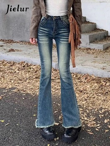 Jielur Slim Vintage Сини дамски дънки с висока талия Модни улични дрехи в американски стил Ежедневни тесни ханша Семпли женски кльощави панталони