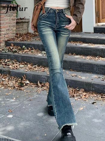 Jielur Slim Vintage μπλε ψηλόμεσο γυναικείο τζιν Αμερικάνικο στυλ Streetwear casual στενό γοφό απλό γυναικείο παντελόνι Flare