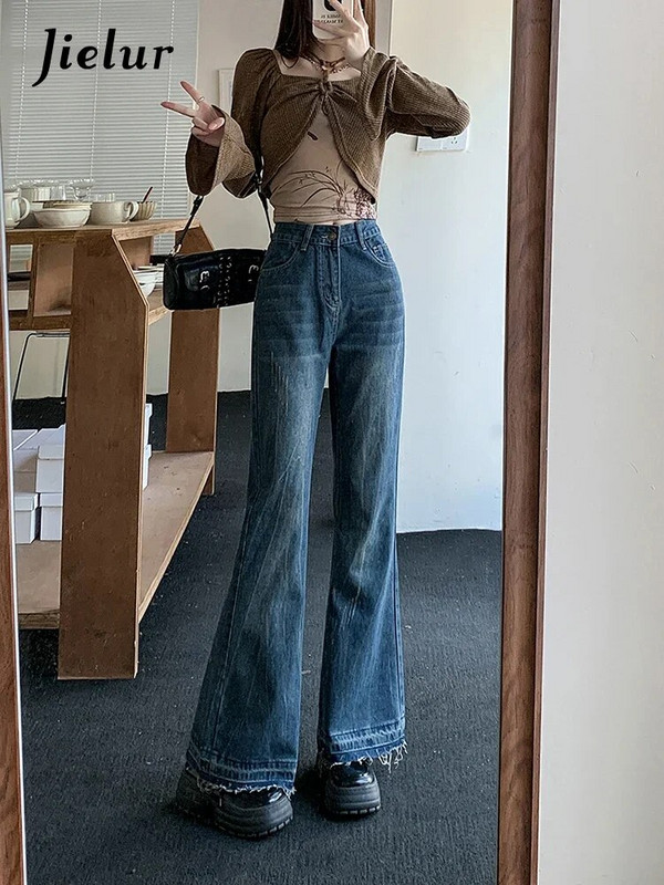 Jielur Retro American Slim Ženske traperice Modne ulične široke traperice Ženske jesenske nove visoke struke Jednostavne Basic Chicly ženske hlače