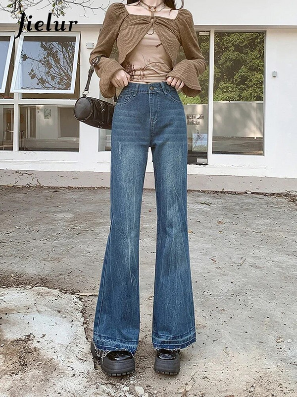 Jielur Retro American Slim Ženske traperice Modne ulične široke traperice Ženske jesenske nove visoke struke Jednostavne Basic Chicly ženske hlače