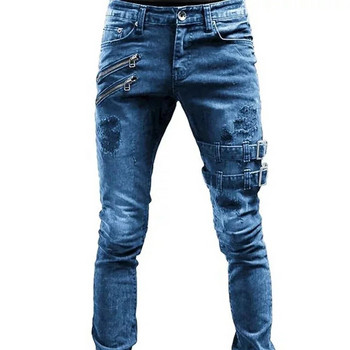 Retro Moto Biker Straight Elastic Jeans Men Zipper Hole Streetwear Punk Skinny Denim Cargo Pants Pantalones Hombre Y2K Clothing