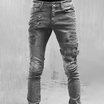 Retro Moto Biker Tiesūs Elastingi Džinsai Vyriški Užtrauktukas Hole Streetwear Punk Skinny Denim Cargo Pants Pantalones Hombre Y2K Drabužiai