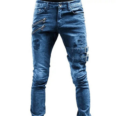 Retro Moto Biker Tiesūs Elastingi Džinsai Vyriški Užtrauktukas Hole Streetwear Punk Skinny Denim Cargo Pants Pantalones Hombre Y2K Drabužiai