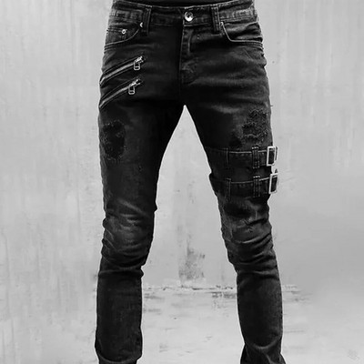 Retro Moto Biker Tiesūs Elastingi Džinsai Vyriški Užtrauktukas Hole Streetwear Punk Skinny Denim Cargo Pants Pantalones Hombre Y2K Drabužiai