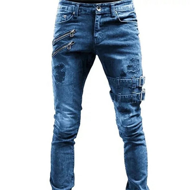 Retro Moto Biker Tiesūs Elastingi Džinsai Vyriški Užtrauktukas Hole Streetwear Punk Skinny Denim Cargo Pants Pantalones Hombre Y2K Drabužiai