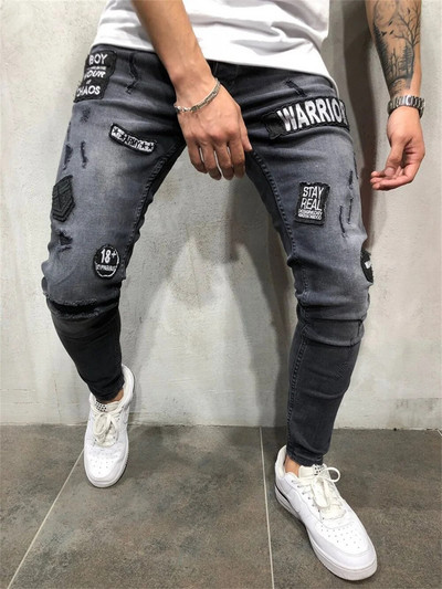 Suvised mehed venivad rebitud kitsad biker-teksad Märk Tikand Teksad Hävitatud auguga Slim Fit Denimpüksid Hip Hop-teksapüksid