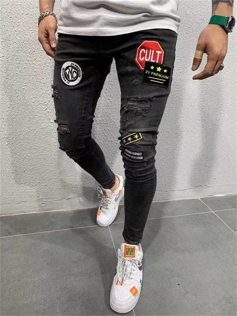 Suvised mehed venivad rebitud kitsad biker-teksad Märk Tikand Teksad Hävitatud auguga Slim Fit Denimpüksid Hip Hop-teksapüksid