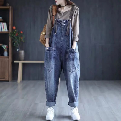 Salopetă de denim cu talie înaltă pentru femei, cu picioare late, blugi casual, cu buzunare, salopete lungi, blugi vintage largi, pantaloni cargo C441