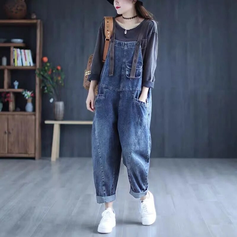 Salopetă de denim cu talie înaltă pentru femei, cu picioare late, blugi casual, cu buzunare, salopete lungi, blugi vintage largi, pantaloni cargo C441