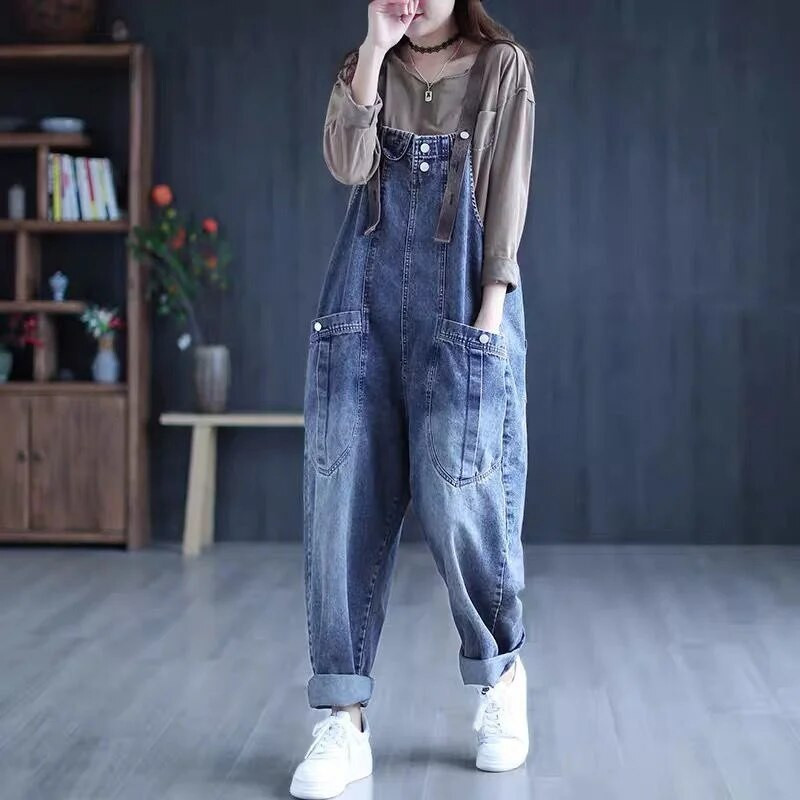 Salopetă de denim cu talie înaltă pentru femei, cu picioare late, blugi casual, cu buzunare, salopete lungi, blugi vintage largi, pantaloni cargo C441