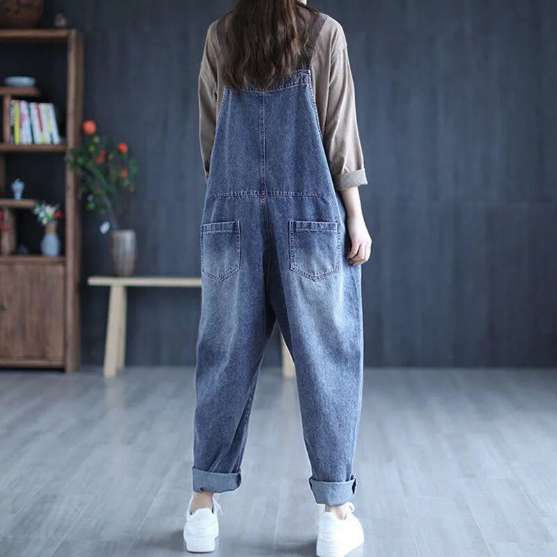 Salopetă de denim cu talie înaltă pentru femei, cu picioare late, blugi casual, cu buzunare, salopete lungi, blugi vintage largi, pantaloni cargo C441