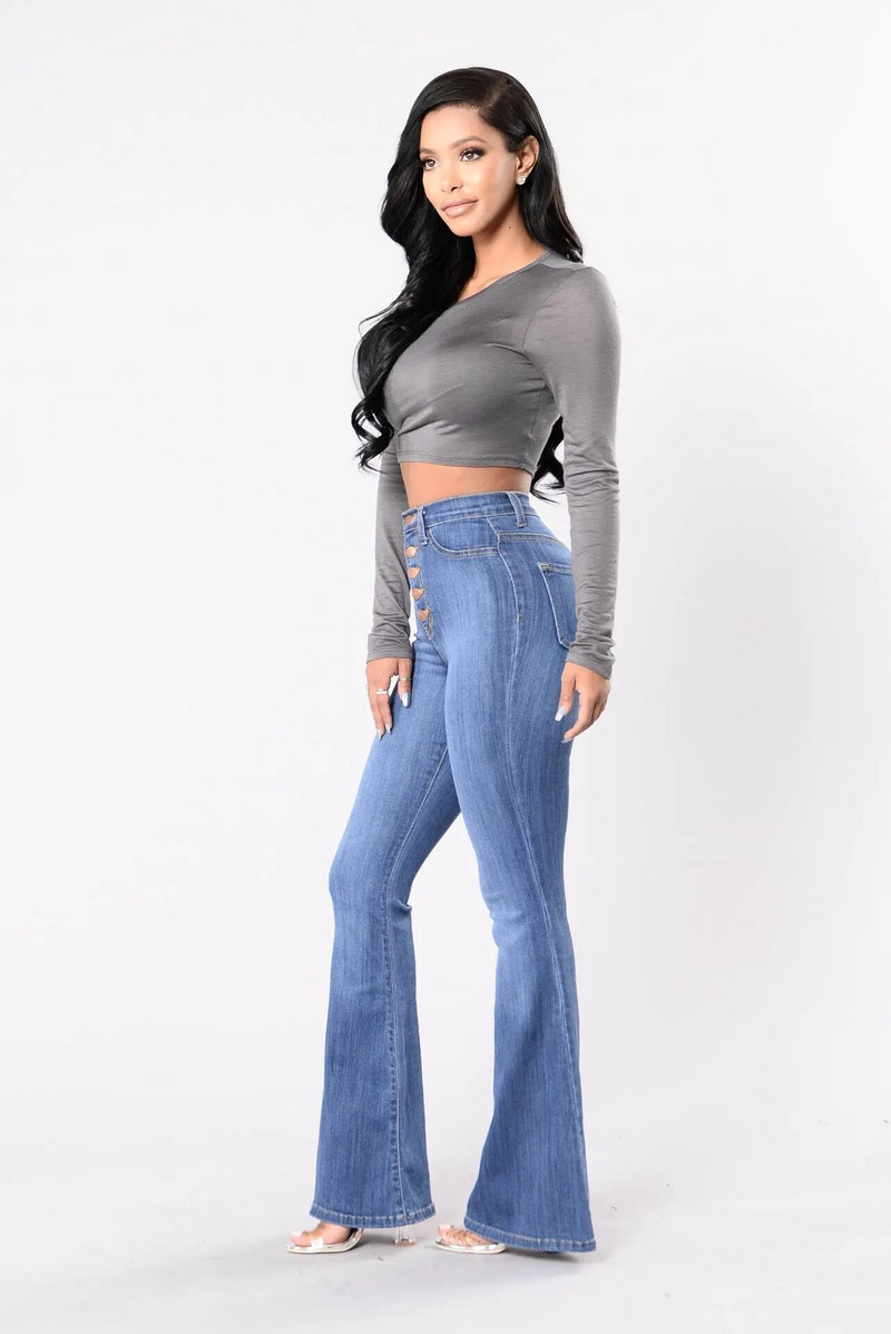 Blugi evazați cu talie înaltă pentru femei Pantaloni skinny cu fundul clopot pentru femeie, primăvară, vară, cu mai mulți nasturi, pantaloni sexy push-up din denim