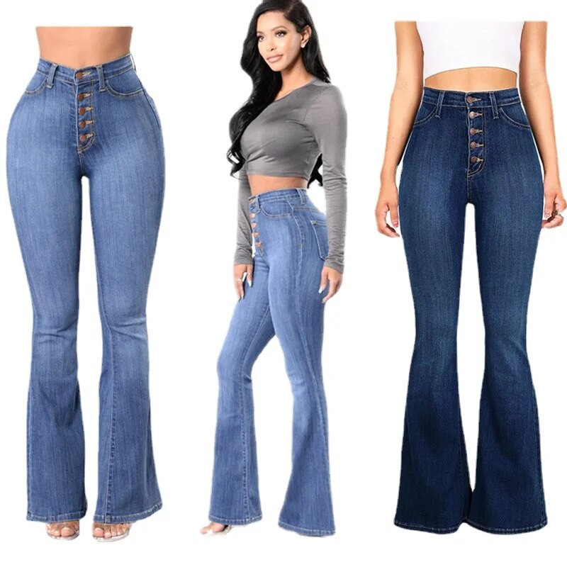 Blugi evazați cu talie înaltă pentru femei Pantaloni skinny cu fundul clopot pentru femeie, primăvară, vară, cu mai mulți nasturi, pantaloni sexy push-up din denim