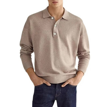 Ανοιξιάτικο φθινόπωρο 2024 Μονόχρωμα μακρυμάνικα μπλουζάκια πόλο Ανδρικά πουλόβερ με χαλαρά κουμπιά vintage παντός τύπου μπλουζάκια