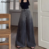 Blugi gri flare Femei Hotsweet Ulzzang Chic Spălați Vintage High Street Young Simplu Distressed Loose Mopping Design Harajuku